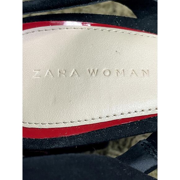 Zara D'orsay Black Red Ruffle Suede Pointed Toe Block Slingback Heel Size 41 - Picture 5 of 6